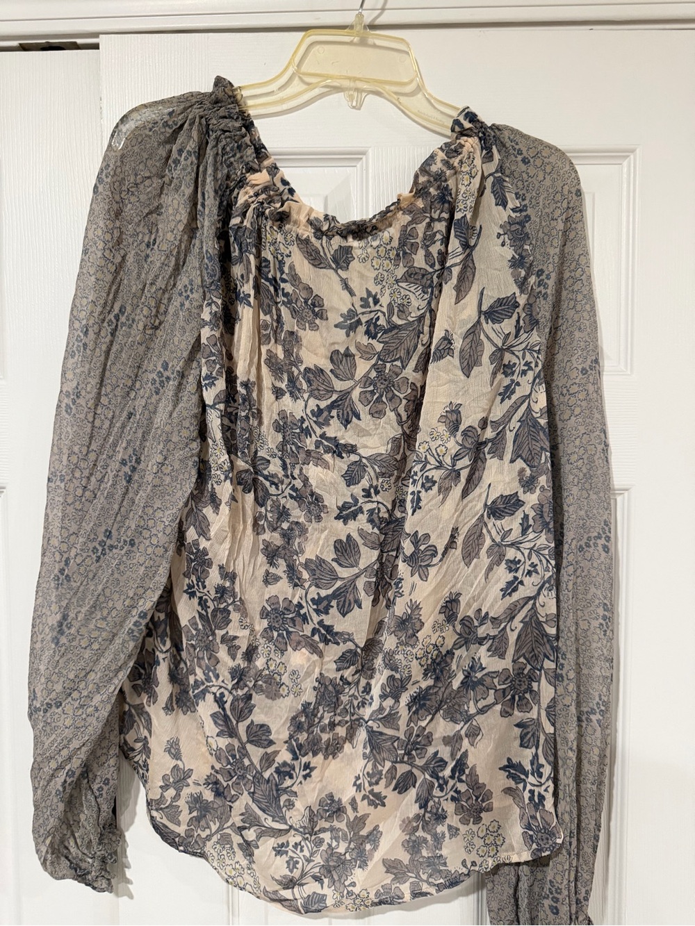 Free People Cream and Blue Floral Long Sleeve Blouse